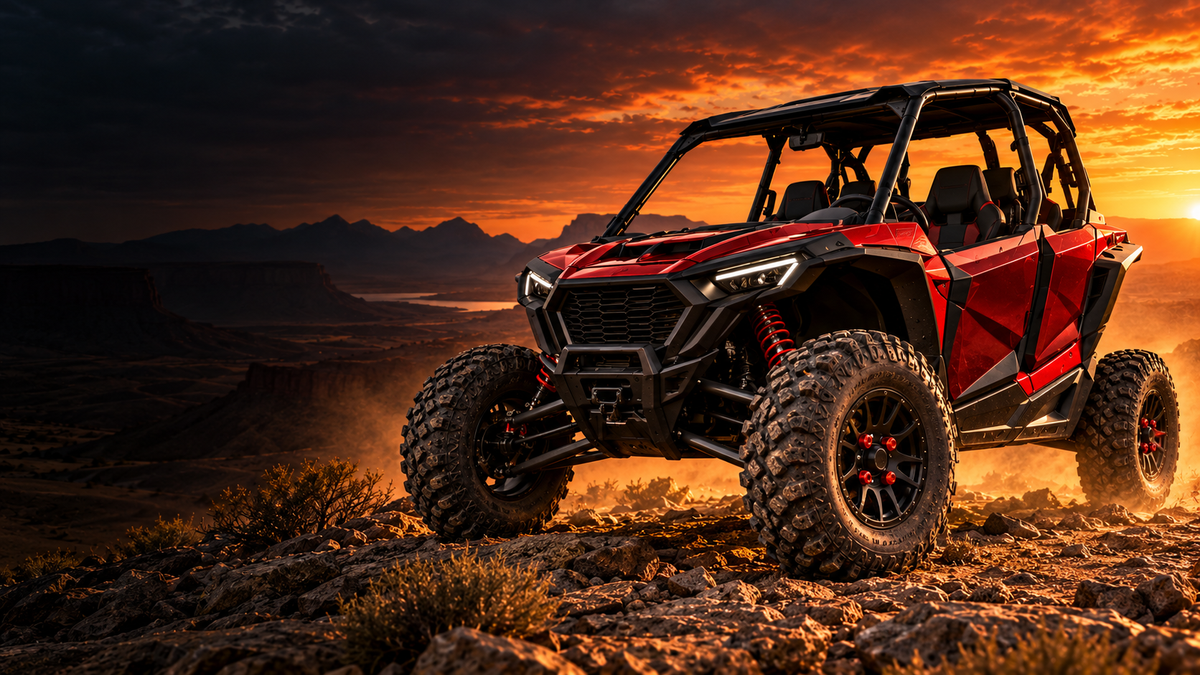 Red and black UTV on a desert trail with four matching red closed-end lug nuts on each visible wheel, Black Friday and Cyber Monday at ATVLUGNUTS