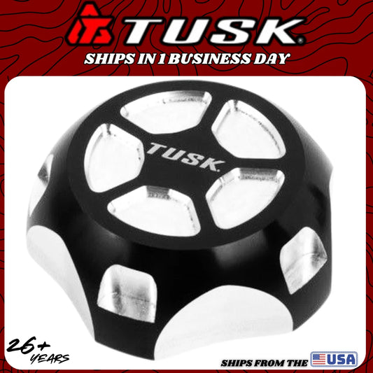 Black and silver Tusk aluminum fuel tank cap, MPN 1030020035.