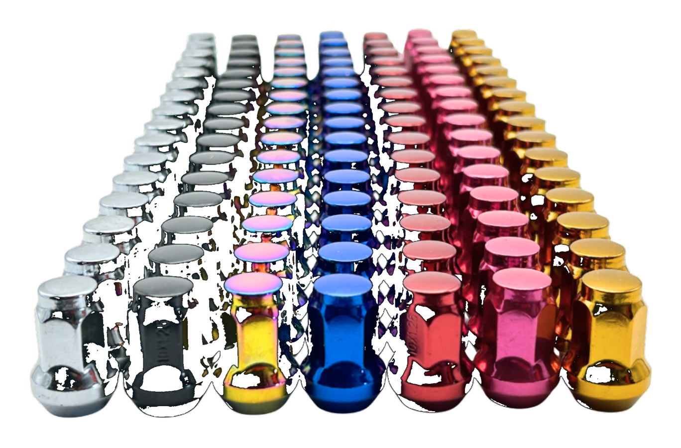 Colored ATV and UTV lug nuts in multiple finishes